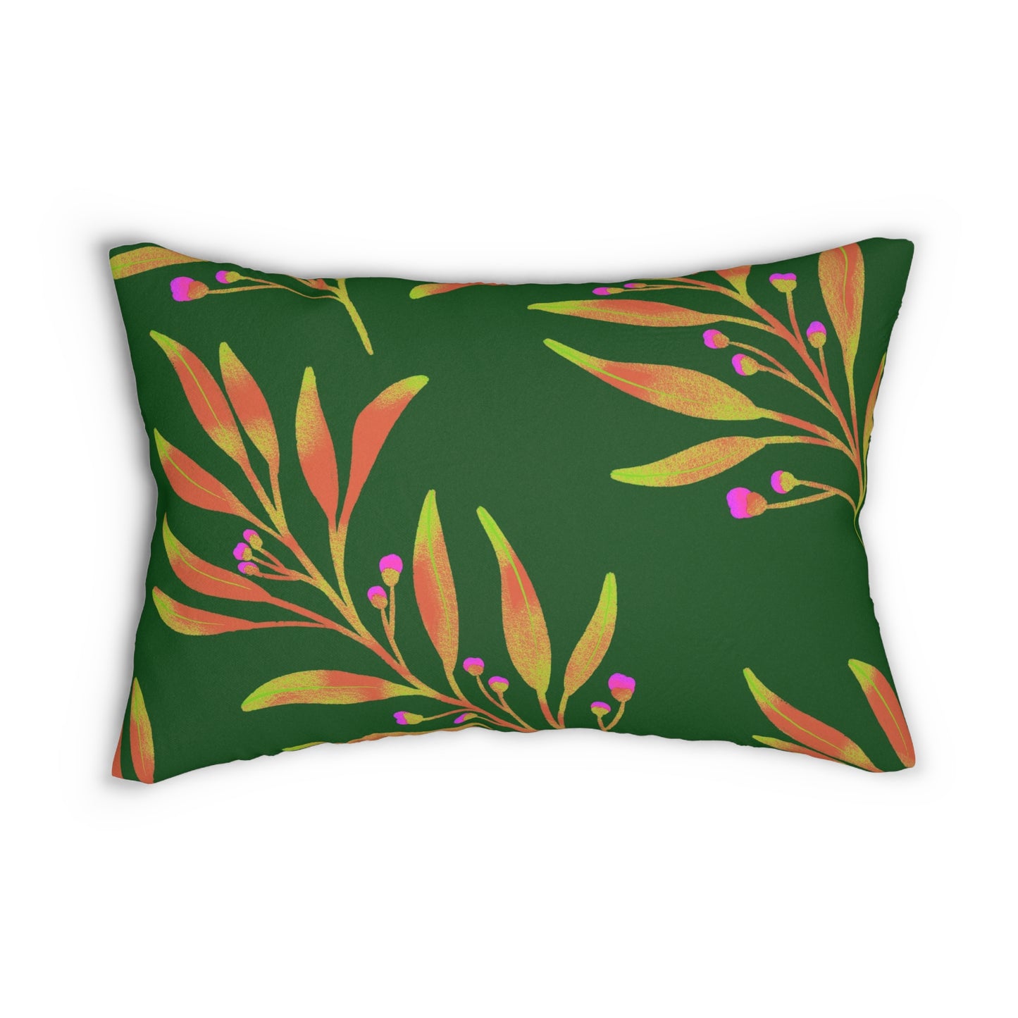 Lumbar Pillow With Pillow Insert In Green Rusty Leaves Pattern 20"x14"