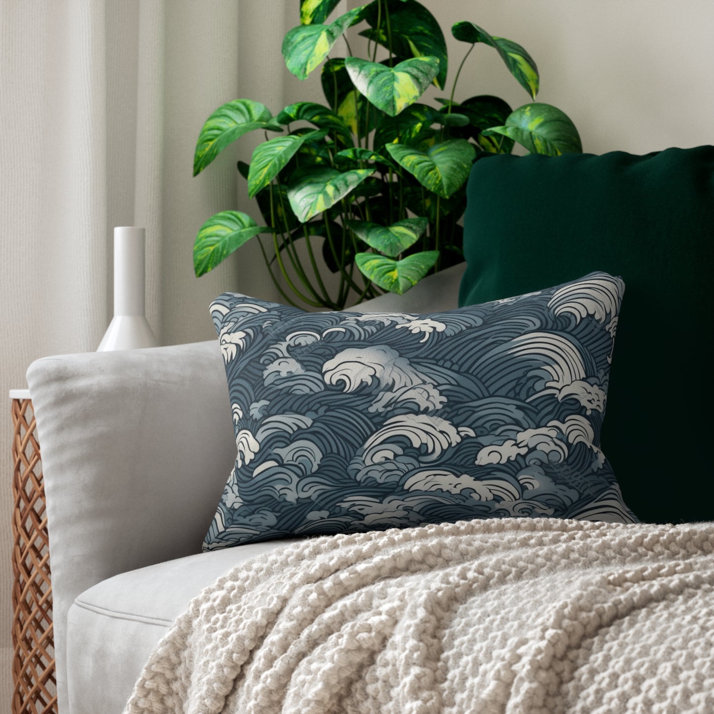 Lumbar Pillow With Pillow Insert In Japanese Wave Pattern 20"x14"
