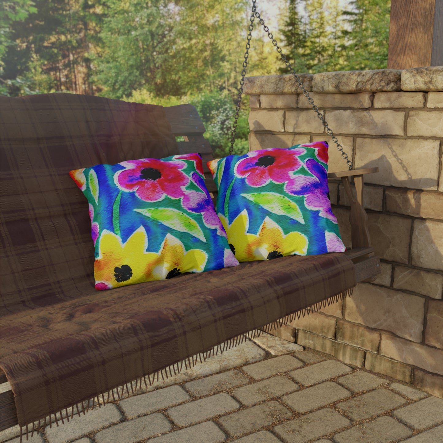 Outdoor Pillow In Watercolor Flowers Pattern