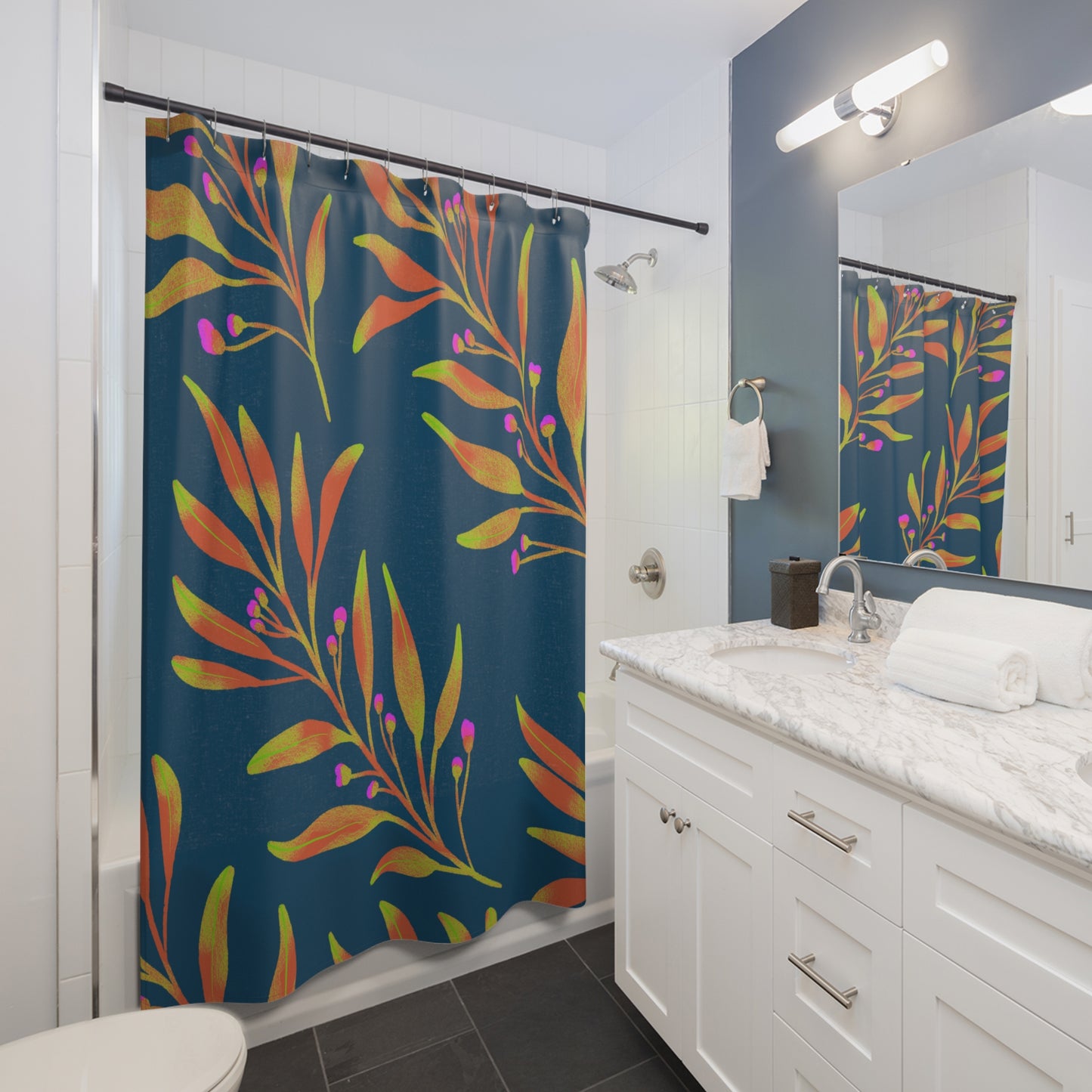 Rusty Leaves Pattern Shower Curtain 71" x 74", Blue