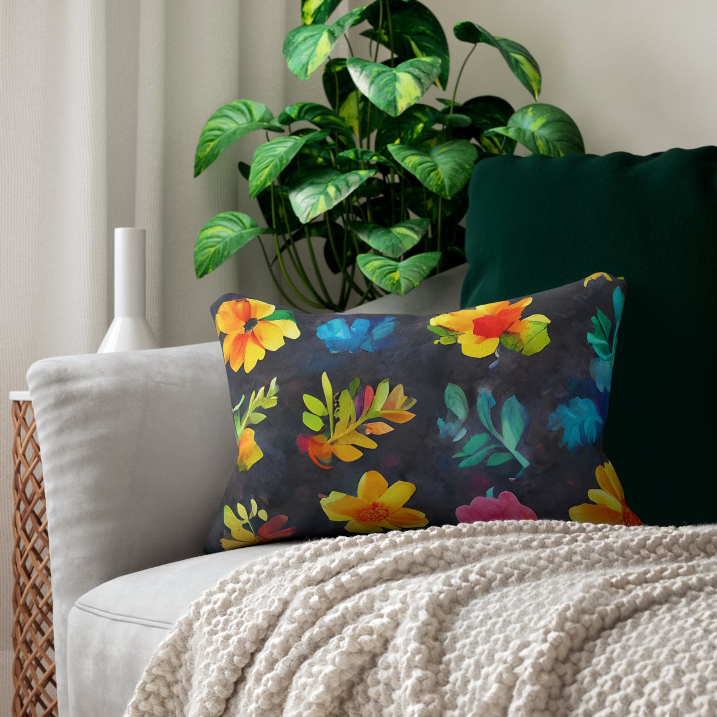 Lumbar Pillow With Pillow Insert In Watercolor Flowers Pattern 20"x14"