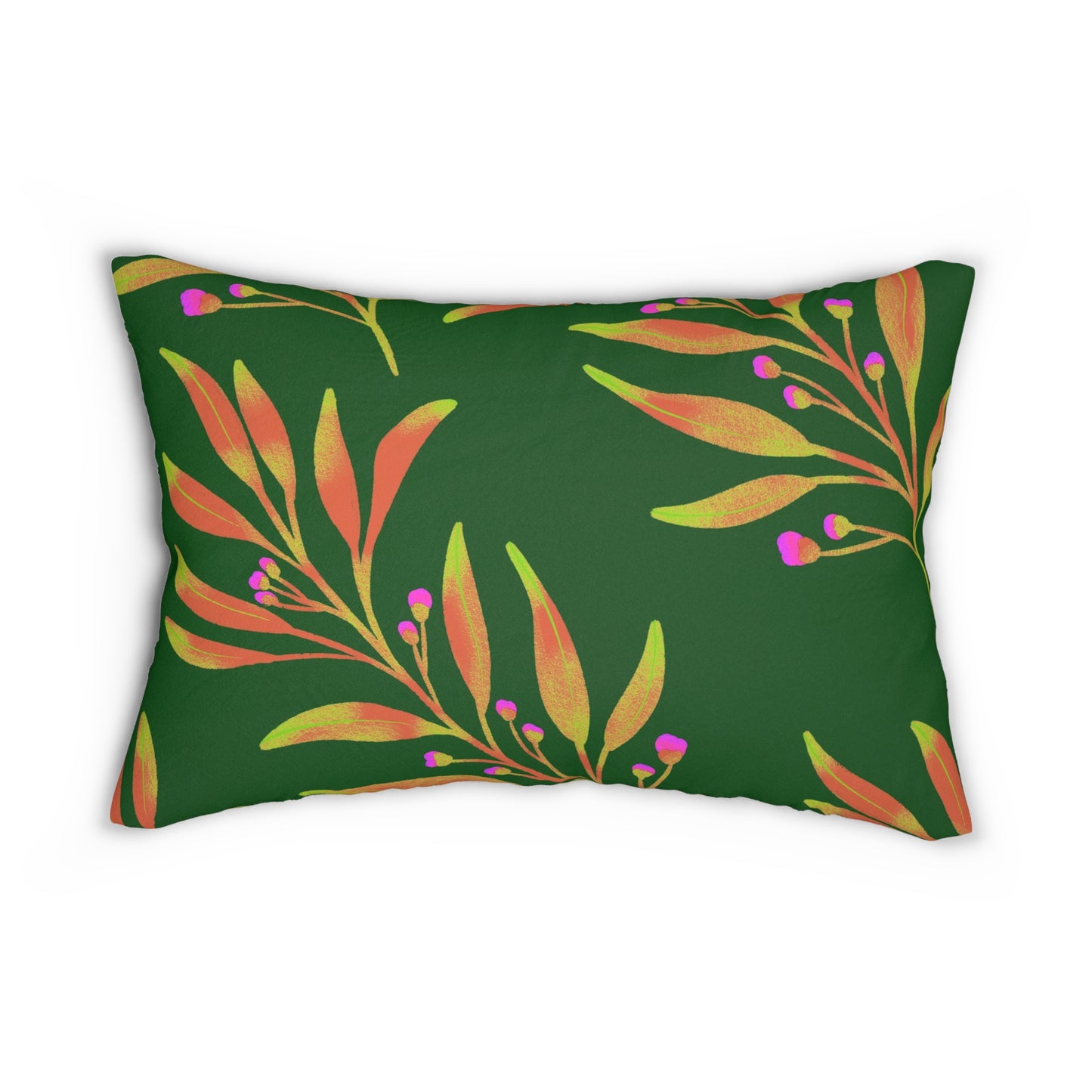 Lumbar Pillow With Pillow Insert In Green Rusty Leaves Pattern 20"x14"