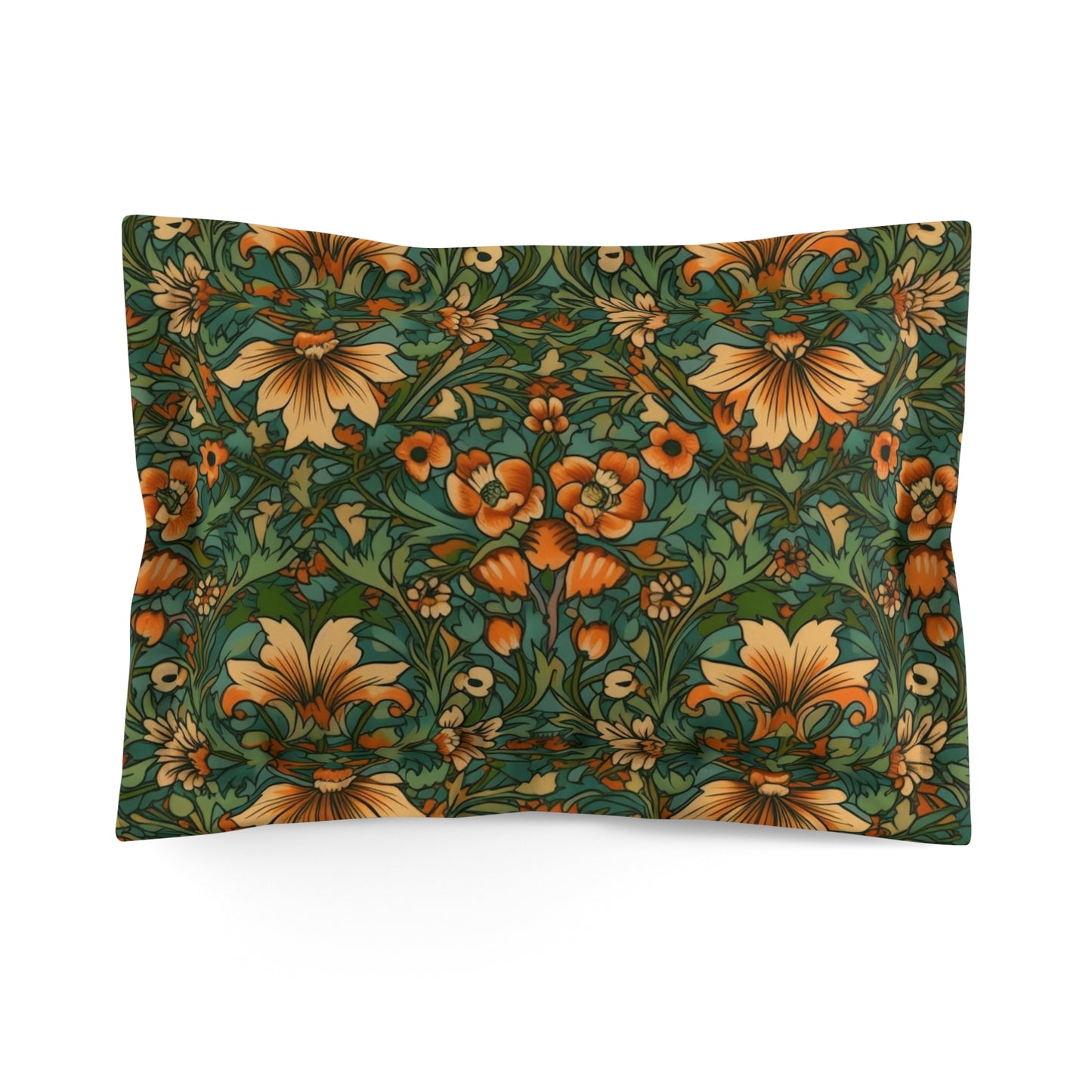 Microfiber Pillow Sham In Green & Orange Jacobean Pattern