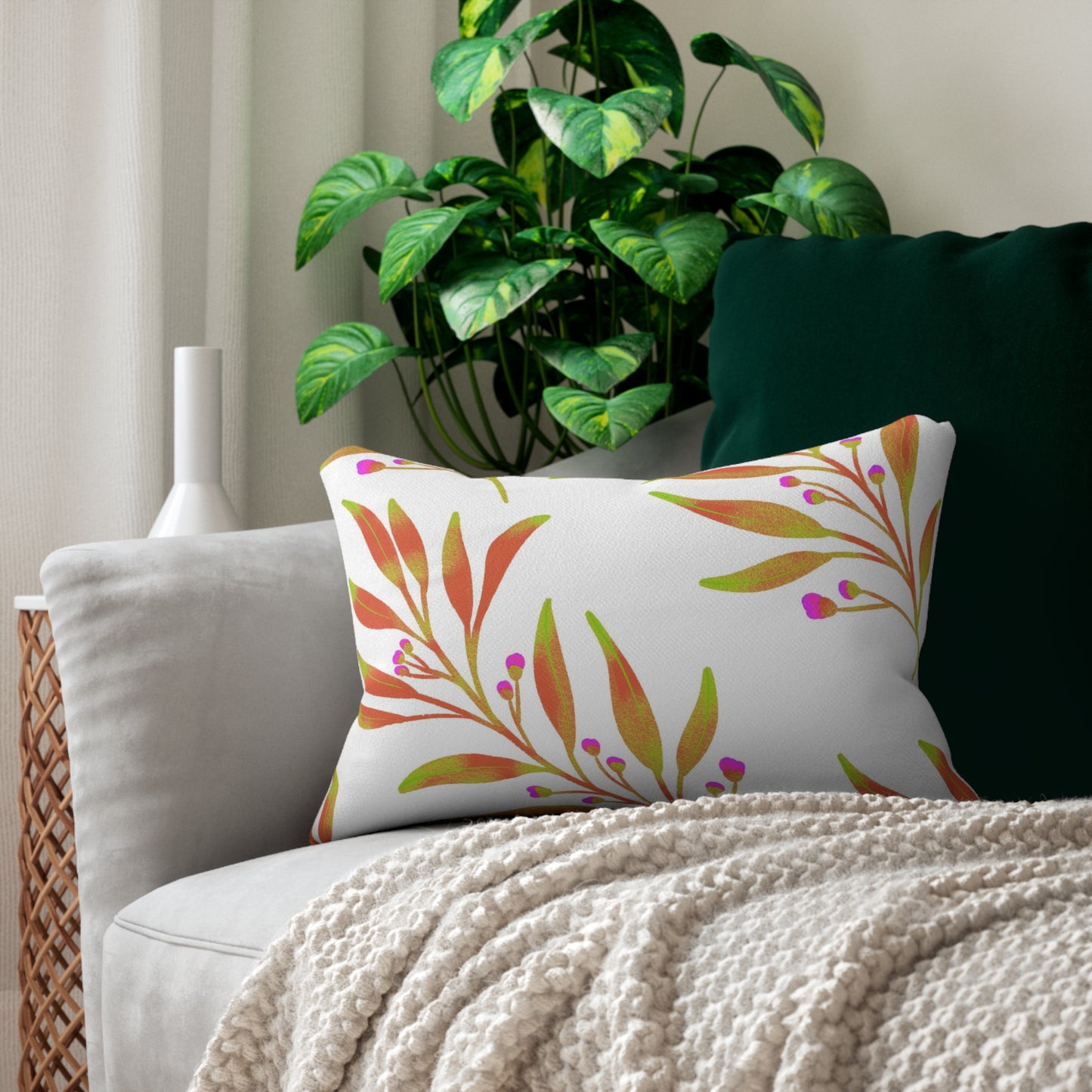 Lumbar Pillow With Pillow Insert In White Rusty Leaves Pattern 20"x14"