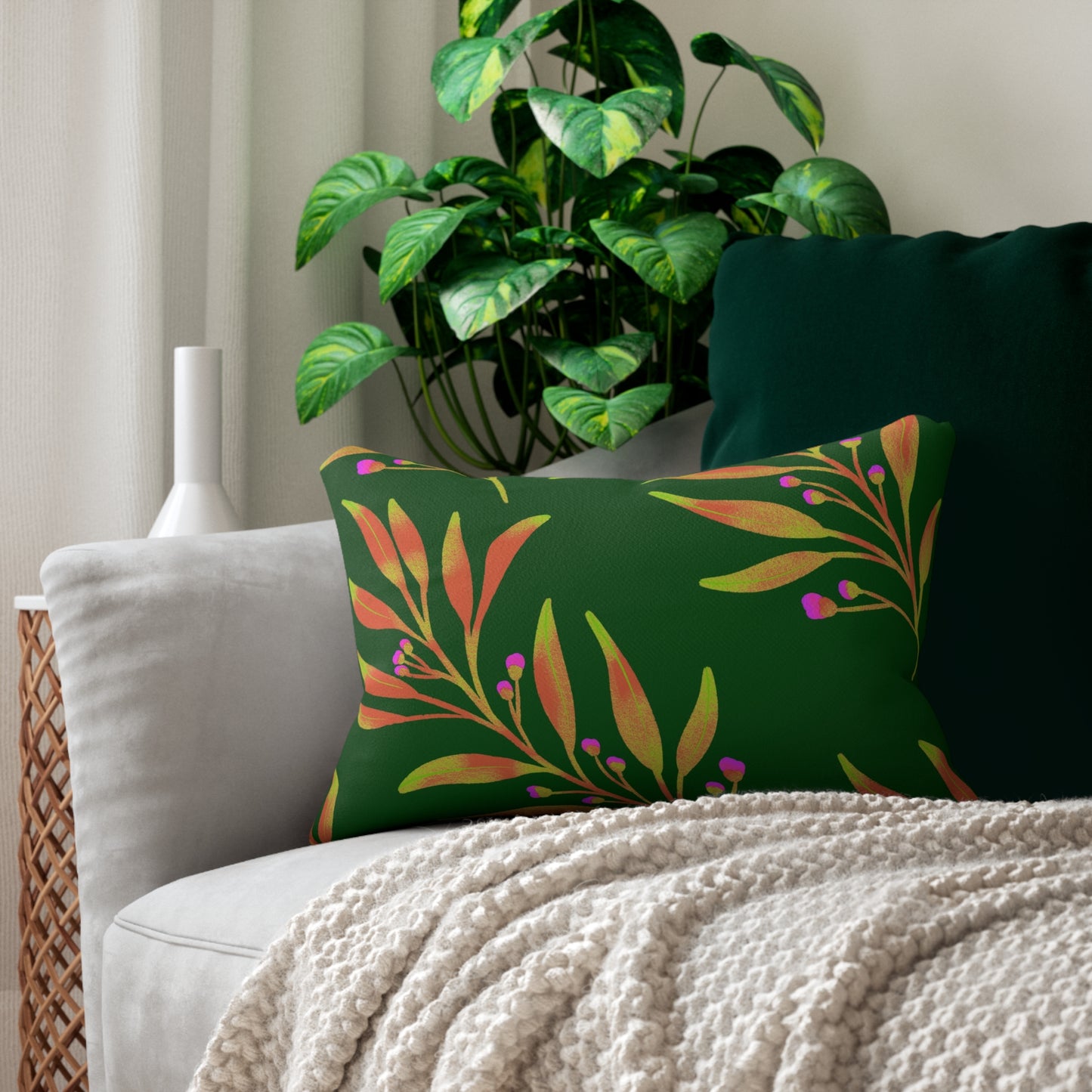 Lumbar Pillow With Pillow Insert In Green Rusty Leaves Pattern 20"x14"