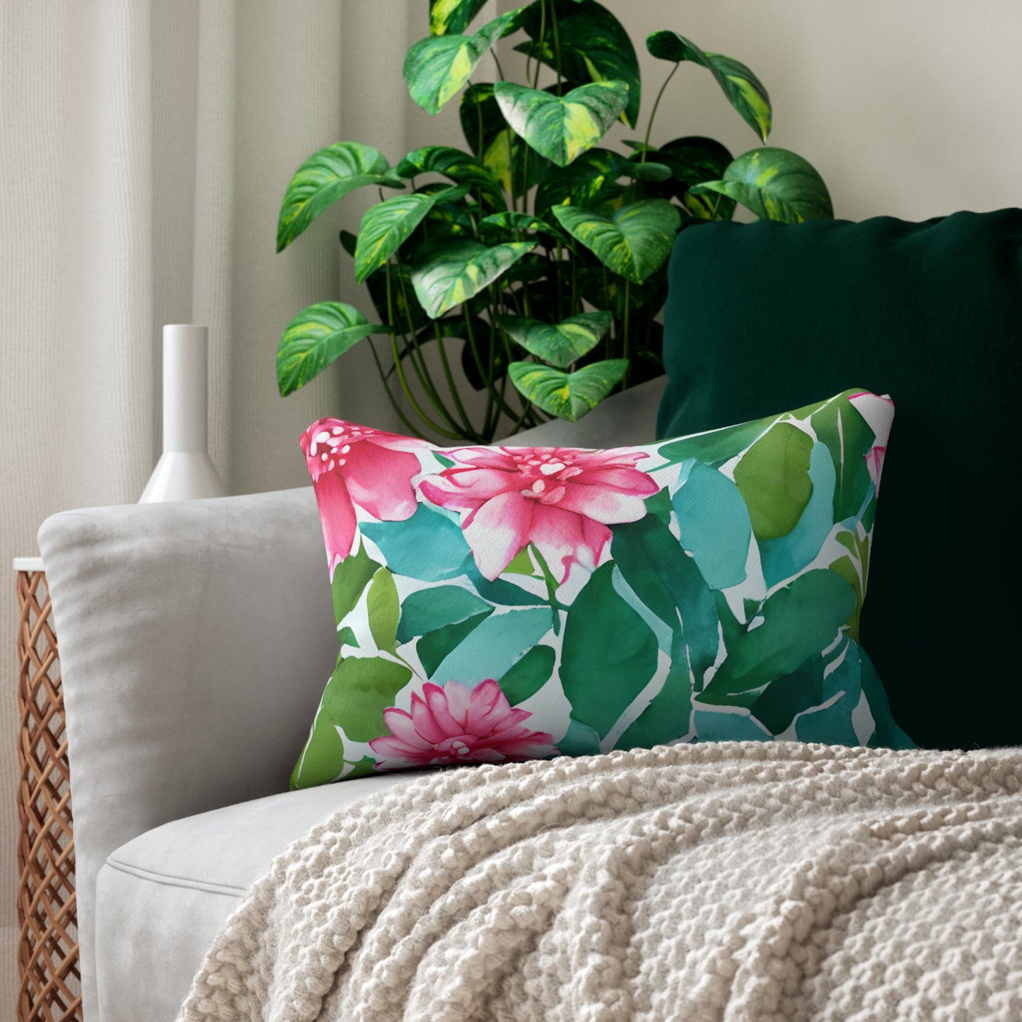 Lumbar Pillow With Pillow Insert In Watercolor Flowers Pattern 20"x14"
