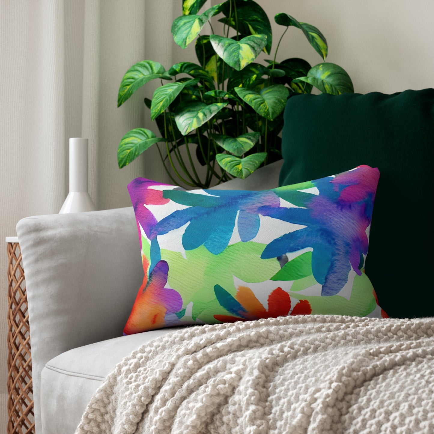 Lumbar Pillow With Pillow Insert In Watercolor Flowers Pattern 20"x14"