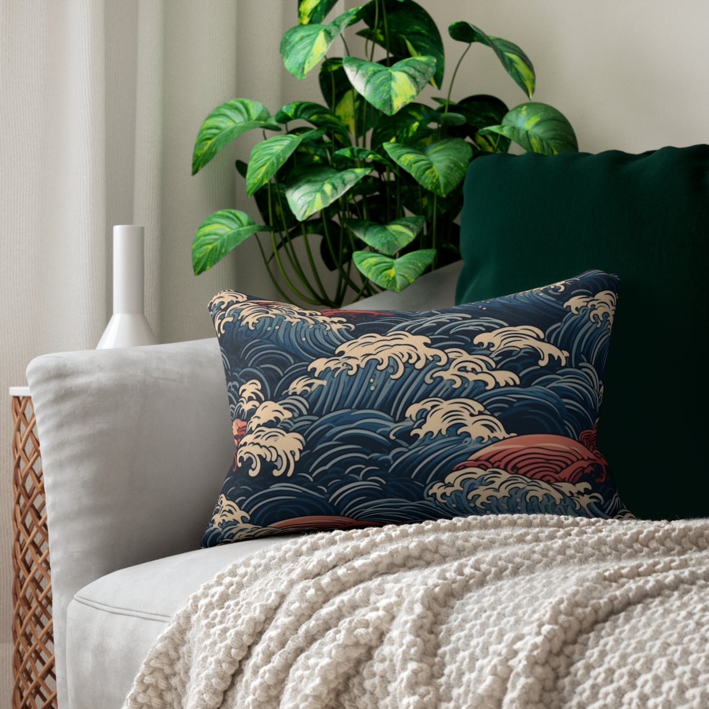 Lumbar Pillow With Pillow Insert In Japanese Wave Pattern 20"x14"