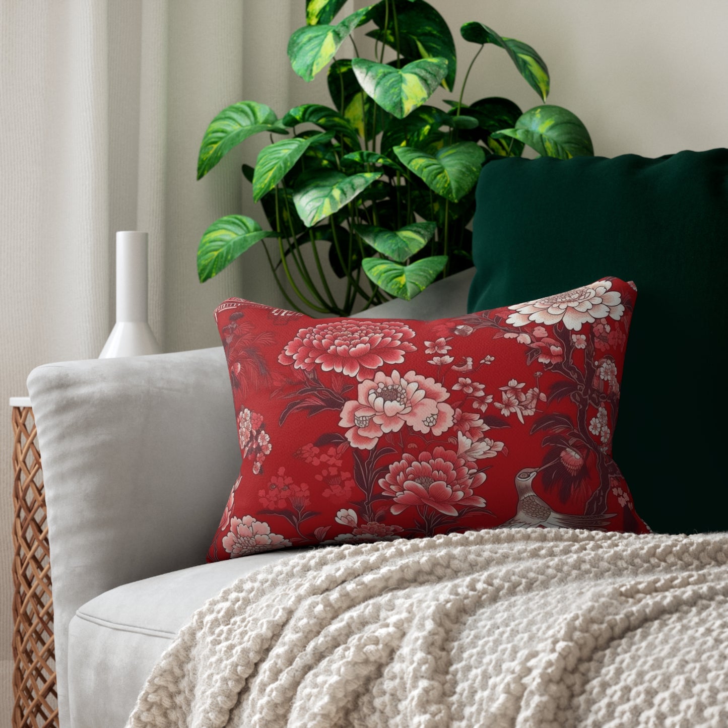 Lumbar Pillow With Pillow Insert In Red Chinoiserie Pattern 20"x14"
