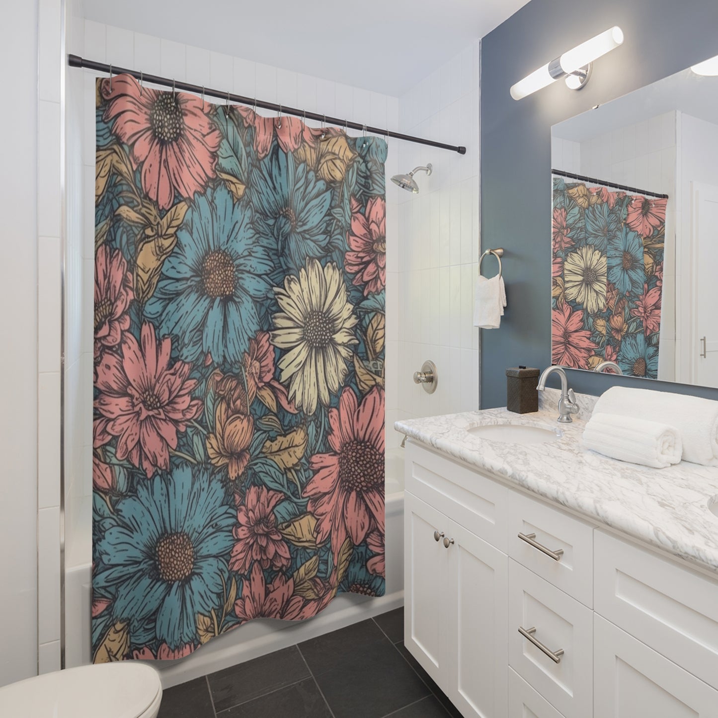 Floral Daisy Pattern Shower Curtain 71" x 74"
