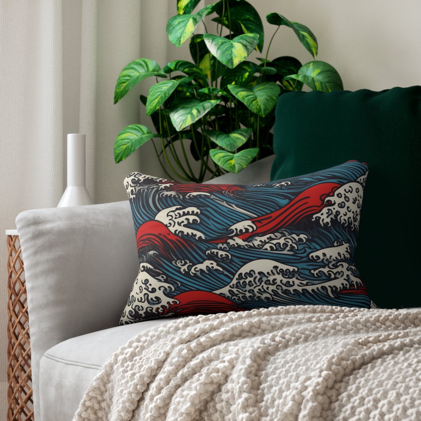Lumbar Pillow With Pillow Insert In Japanese Wave Pattern 20"x14"