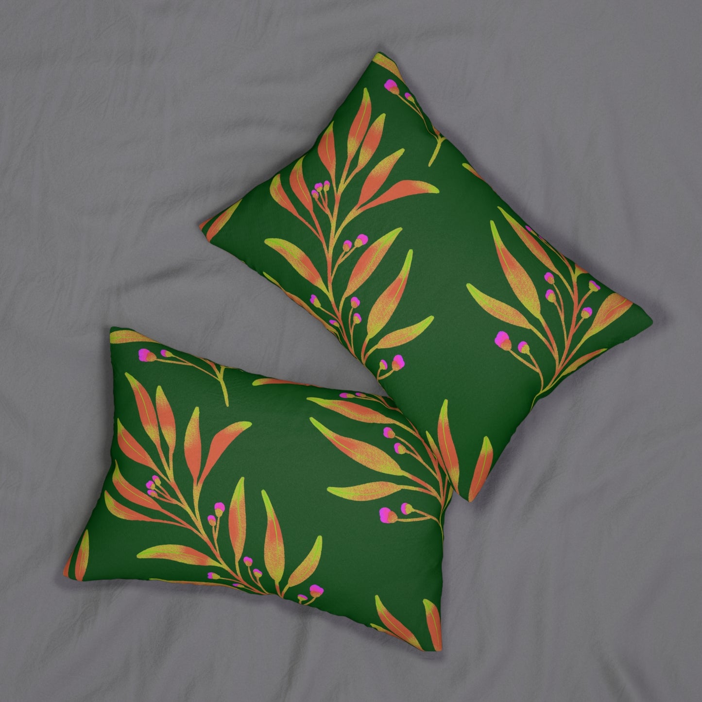 Lumbar Pillow With Pillow Insert In Green Rusty Leaves Pattern 20"x14"