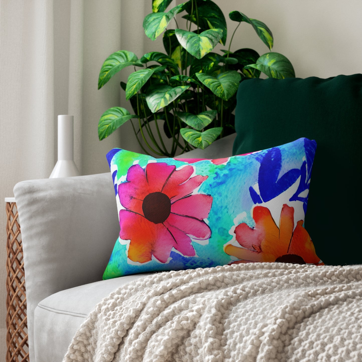 Lumbar Pillow With Pillow Insert In Watercolor Flowers Pattern 20"x14"