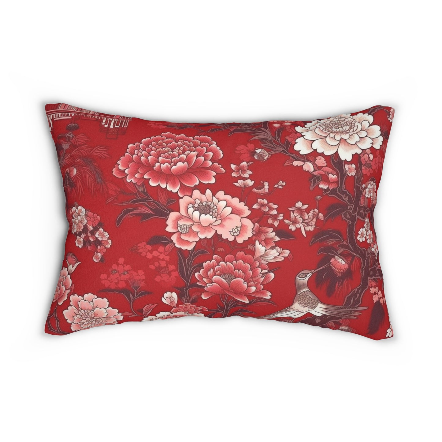 Lumbar Pillow With Pillow Insert In Red Chinoiserie Pattern 20"x14"