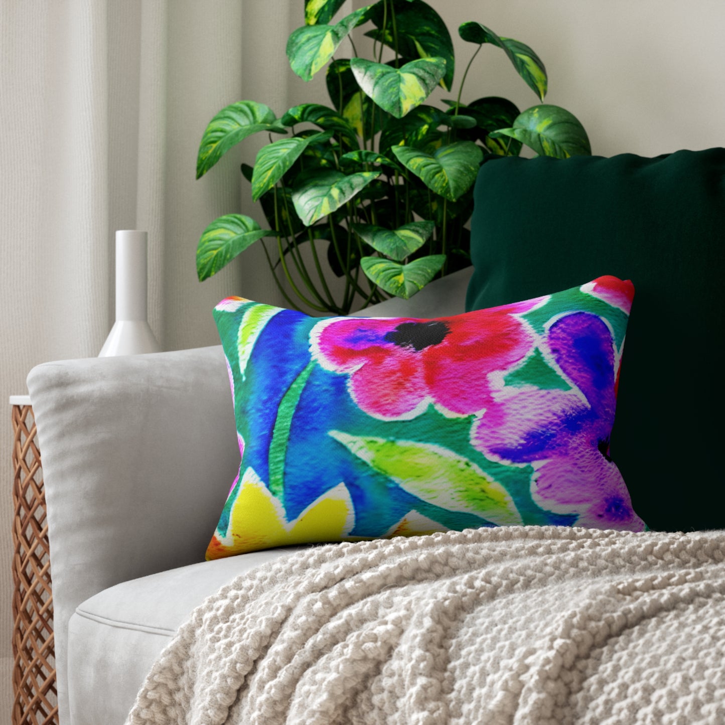 Lumbar Pillow With Pillow Insert In Watercolor Flowers Pattern 20"x14"