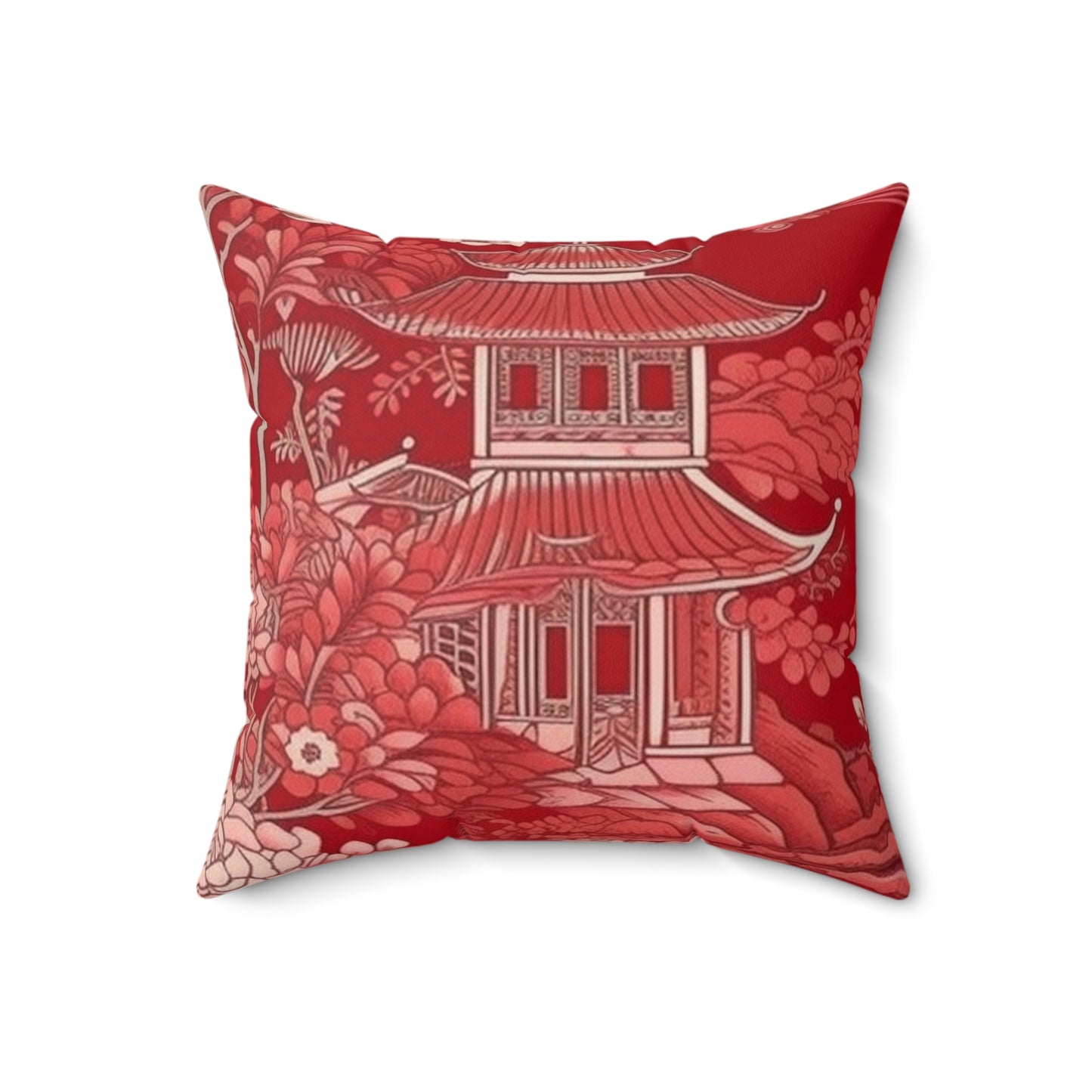 Square Pillow Cover With Pillow Insert In Red Chinoiserie Pattern