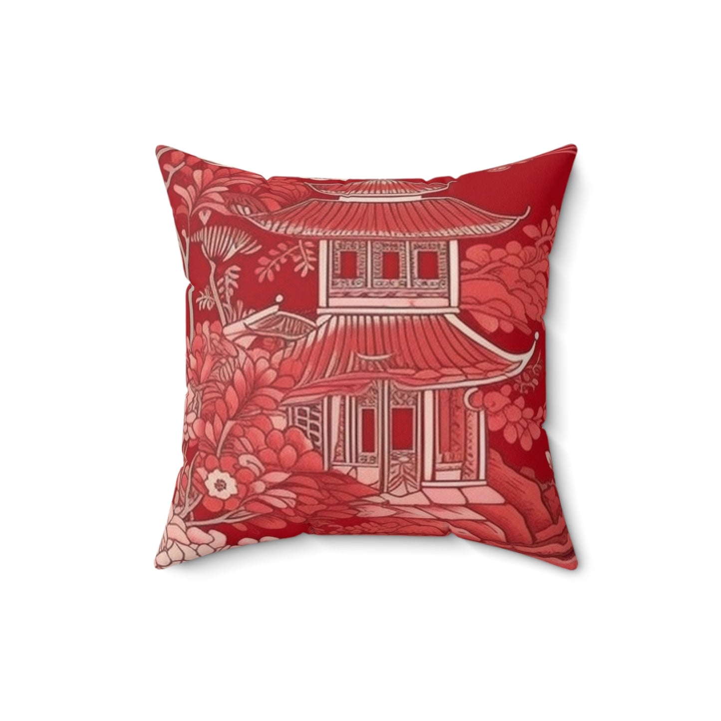 Square Pillow Cover With Pillow Insert In Red Chinoiserie Pattern