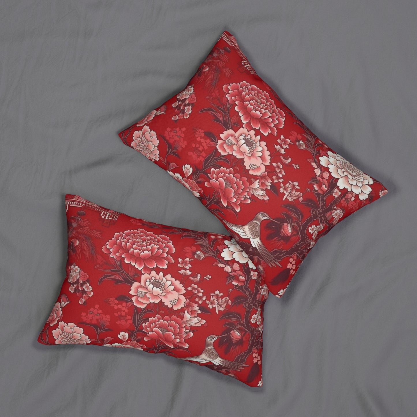 Lumbar Pillow With Pillow Insert In Red Chinoiserie Pattern 20"x14"
