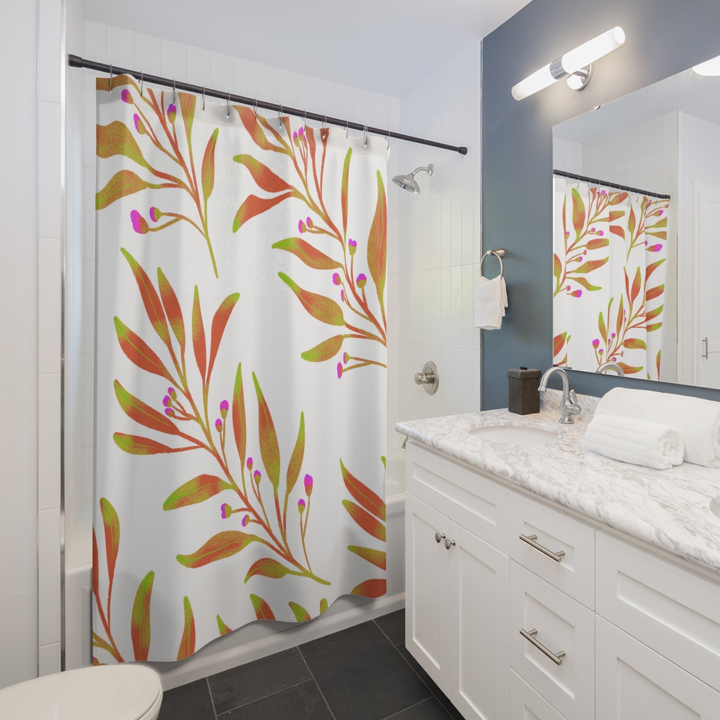 Rusty Leaves Pattern Shower Curtain 71" x 74", White