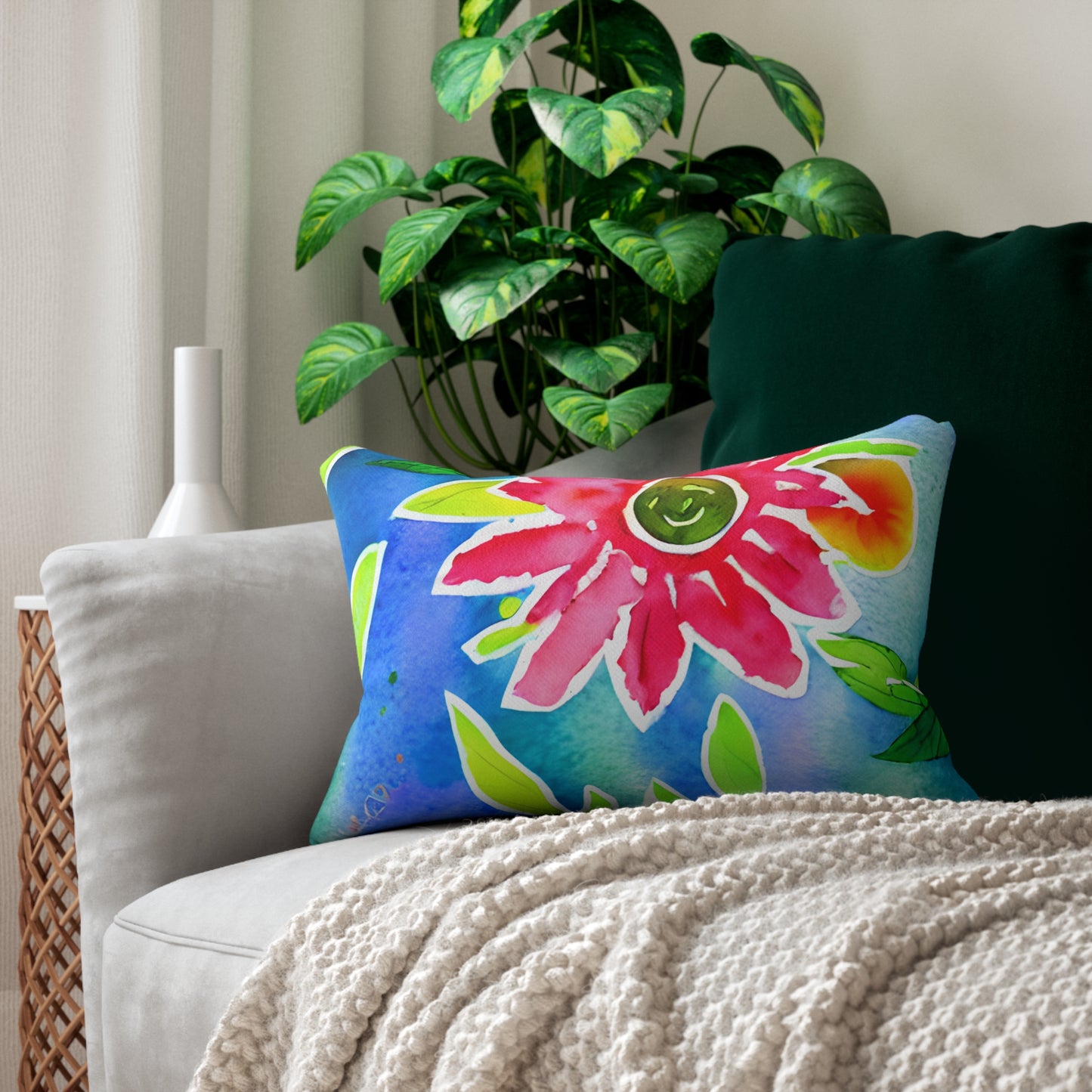 Lumbar Pillow With Pillow Insert In Watercolor Flowers Pattern 20"x14"