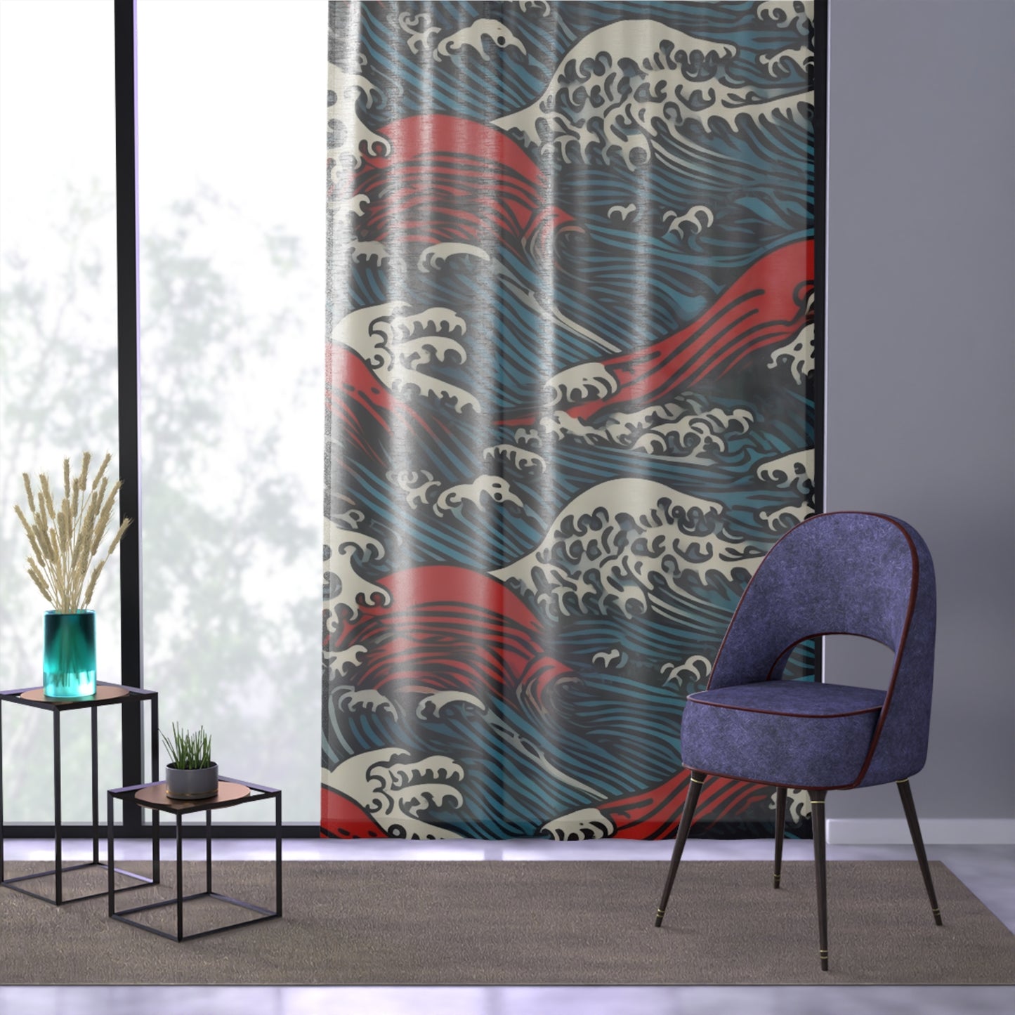 Sheer Window Curtain 50" x 84" Japanese Wave