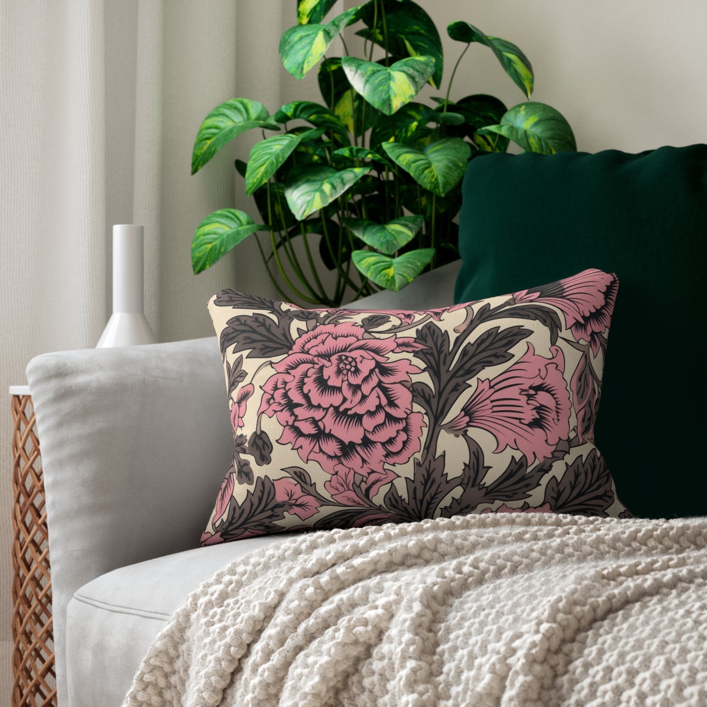 Lumbar Pillow With Pillow Insert In Pink Jacobean Pattern 20"x14"