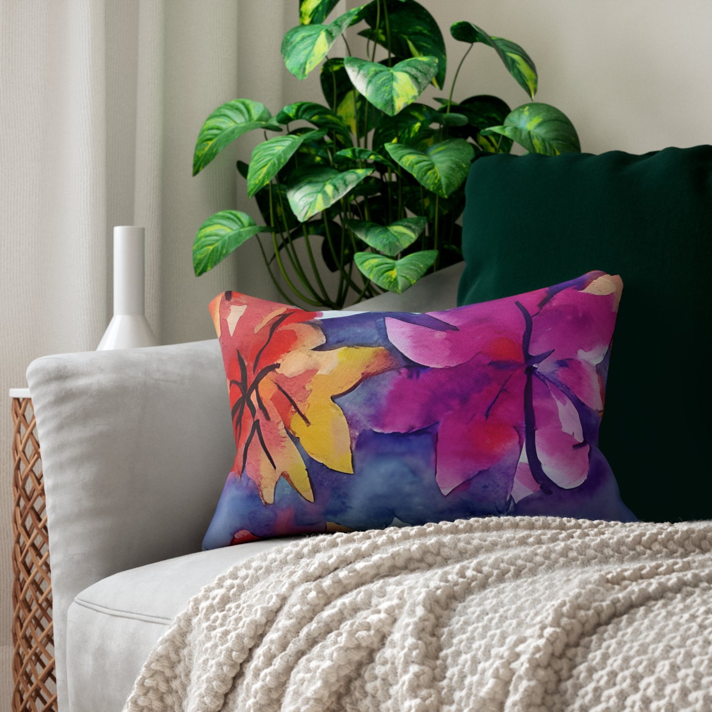 Lumbar Pillow With Pillow Insert In Watercolor Flowers Pattern 20"x14"