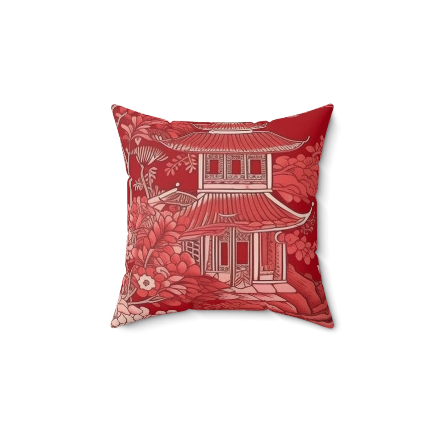 Square Pillow Cover With Pillow Insert In Red Chinoiserie Pattern