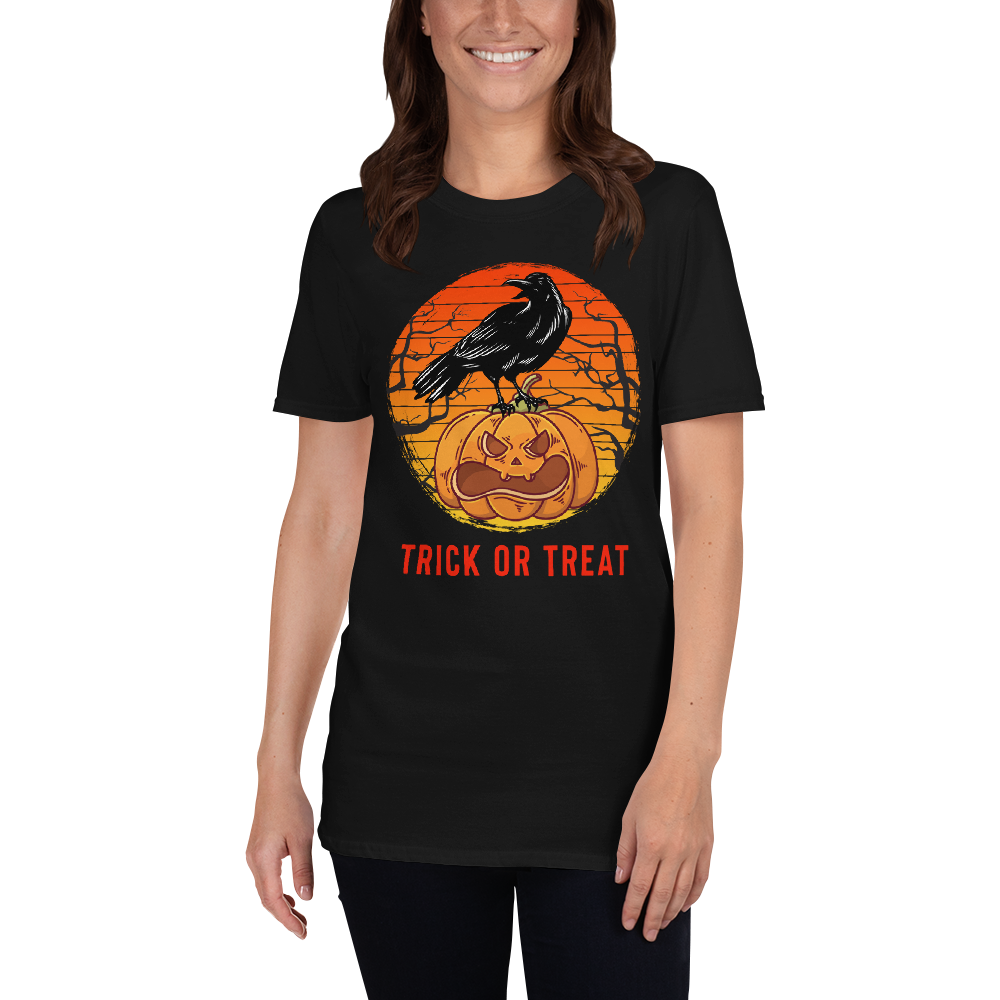 Halloween Trick Or Treat T-Shirt - Halloween Black Crow On Pumpkin