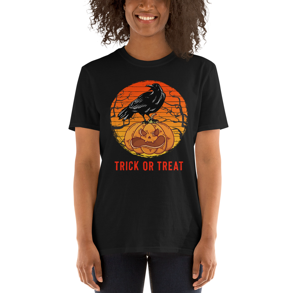 Halloween Trick Or Treat T-Shirt - Halloween Black Crow On Pumpkin