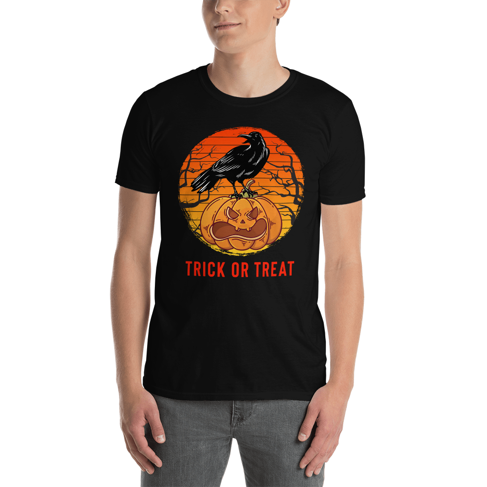 Halloween Trick Or Treat T-Shirt - Halloween Black Crow On Pumpkin