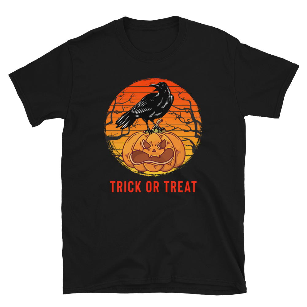 Halloween Trick Or Treat T-Shirt - Halloween Black Crow On Pumpkin