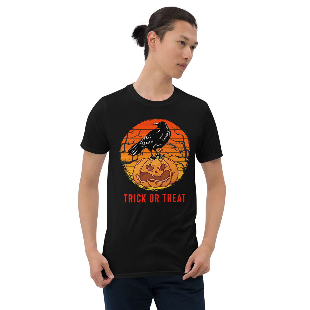 Halloween Trick Or Treat T-Shirt - Halloween Black Crow On Pumpkin