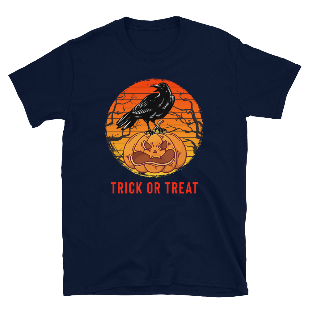Halloween Trick Or Treat T-Shirt - Halloween Black Crow On Pumpkin
