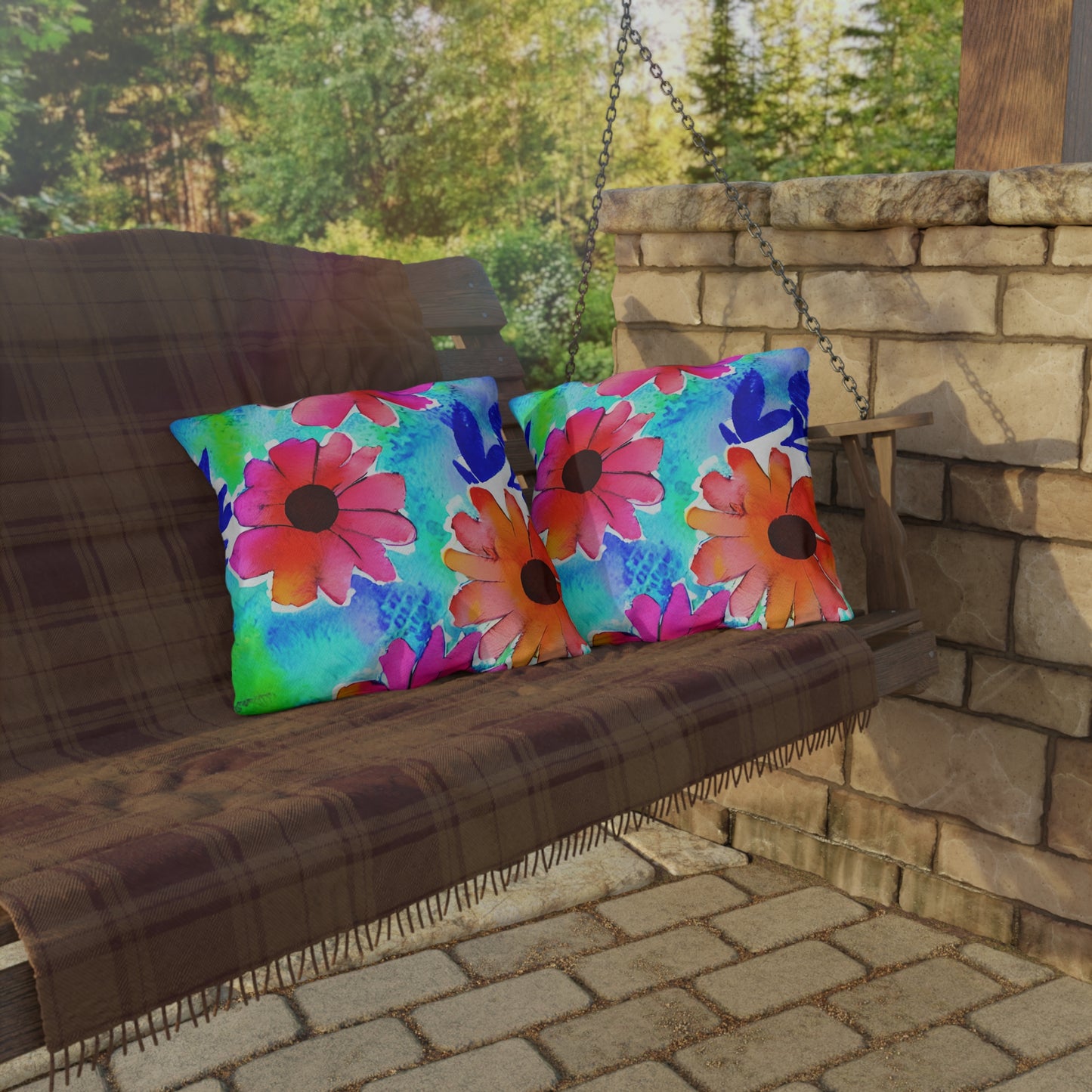 Outdoor Pillow In Watercolor Flowers Pattern