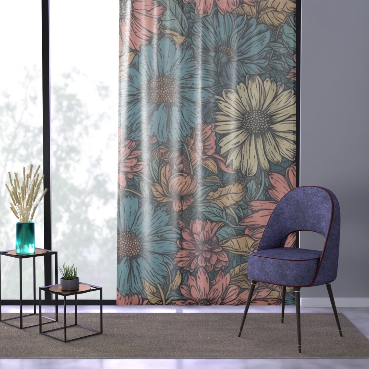 Sheer Window Curtain 50" x 84" Floral Daisy