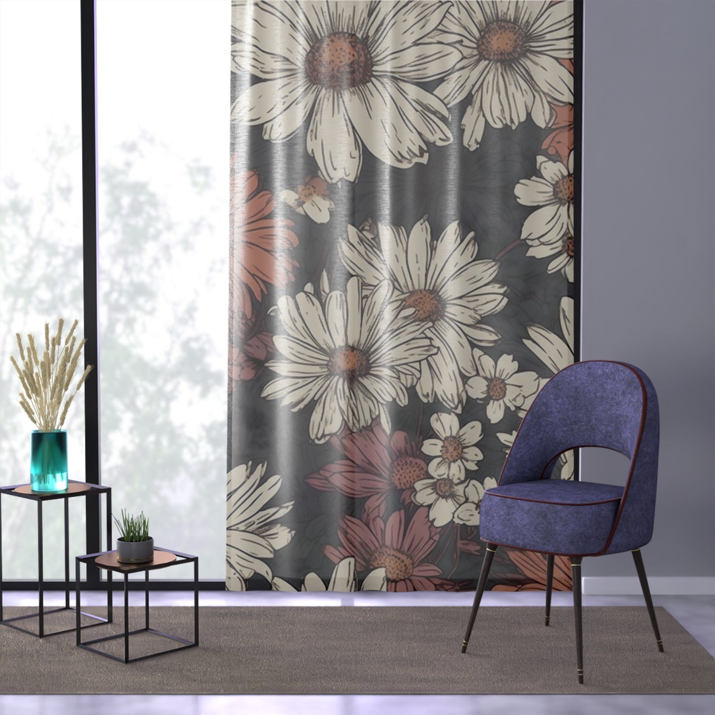 Sheer Window Curtain 50" x 84" Floral Daisy