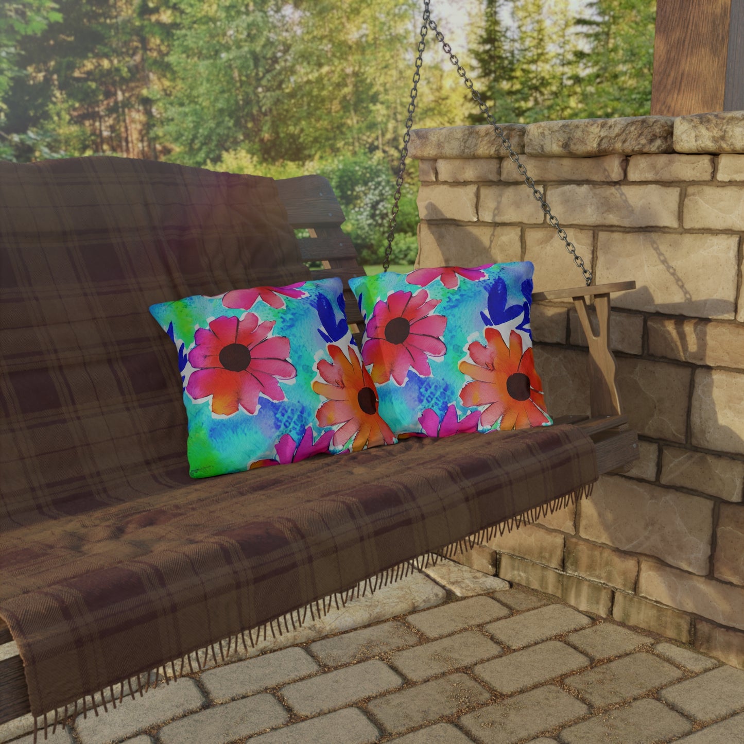 Outdoor Pillow In Watercolor Flowers Pattern