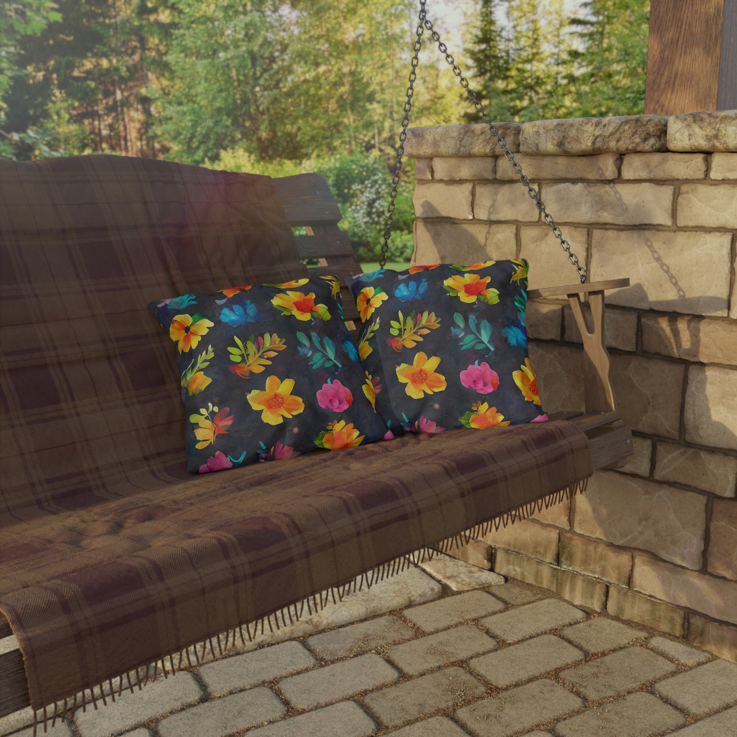 Outdoor Pillow In Watercolor Flowers Pattern