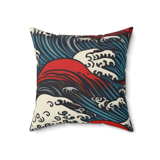 Square Pillow Cover With Pillow Insert In Japanese Wave Pattern