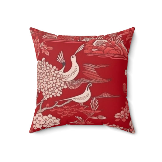 Square Pillow Cover With Pillow Insert In Red Chinoiserie Pattern