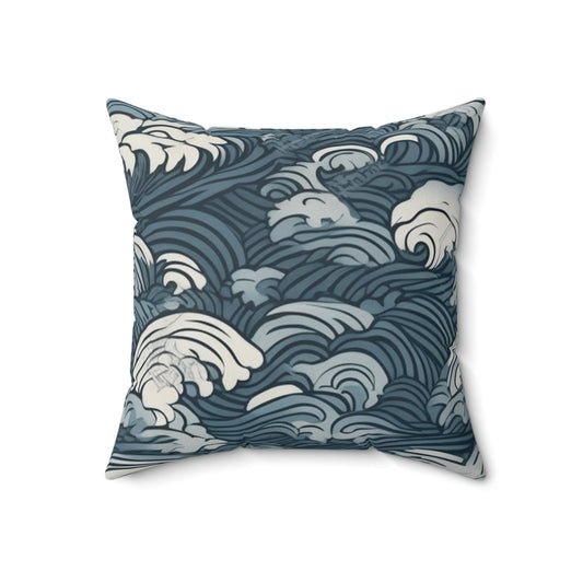 Square Pillow Cover With Pillow Insert In Japanese Wave Pattern