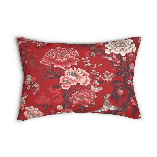 Lumbar Pillow With Pillow Insert In Red Chinoiserie Pattern 20"x14"