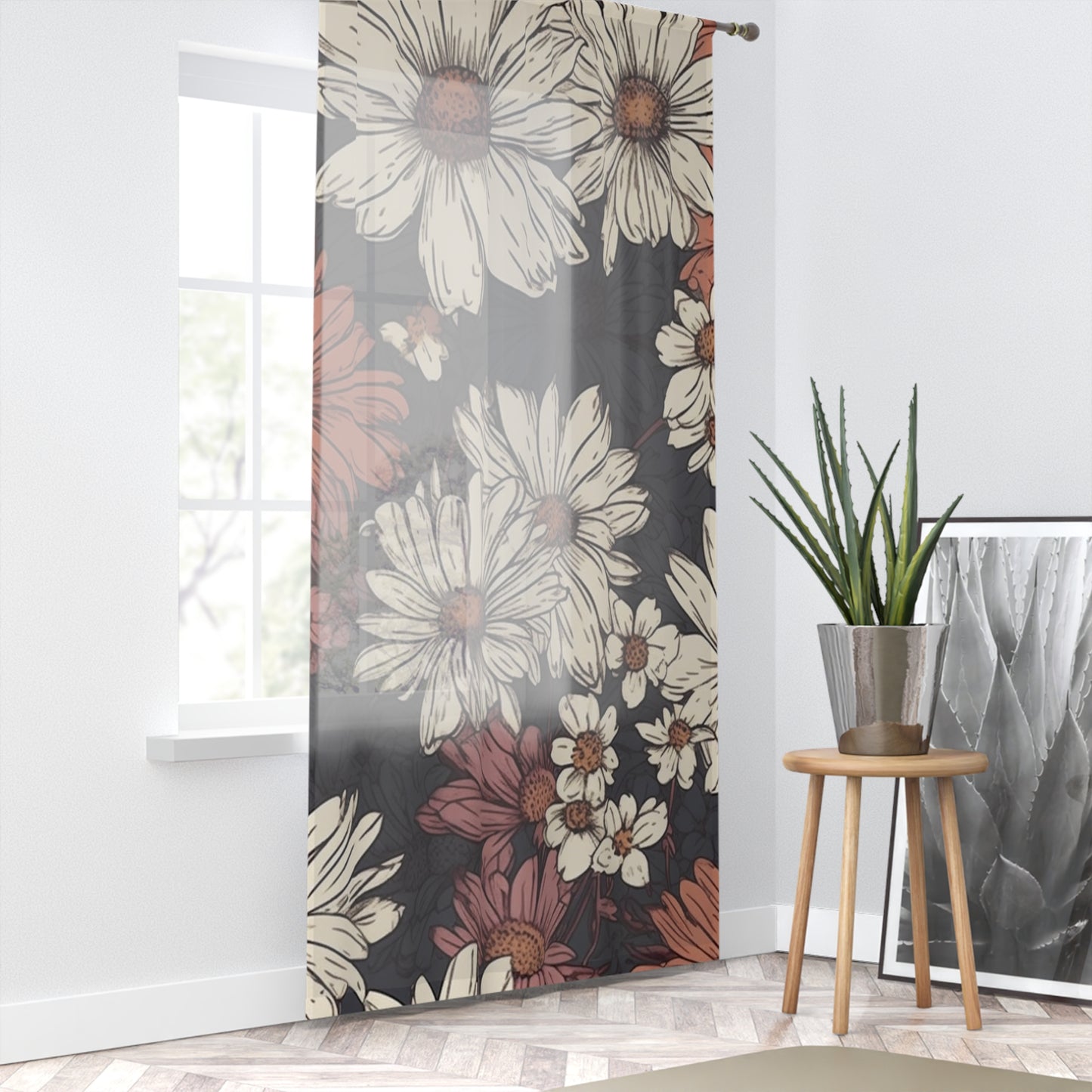 Sheer Window Curtain 50" x 84" Floral Daisy