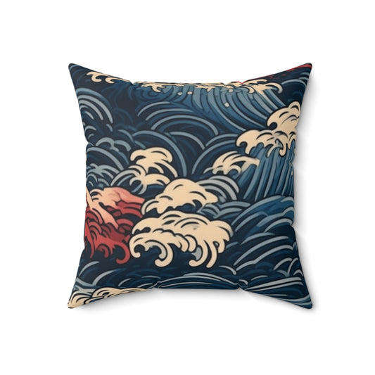 Square Pillow Cover With Pillow Insert In Japanese Wave Pattern