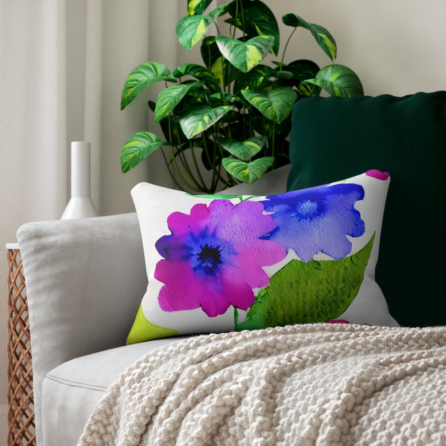 Lumbar Pillow With Pillow Insert In Watercolor Flowers Pattern 20"x14"