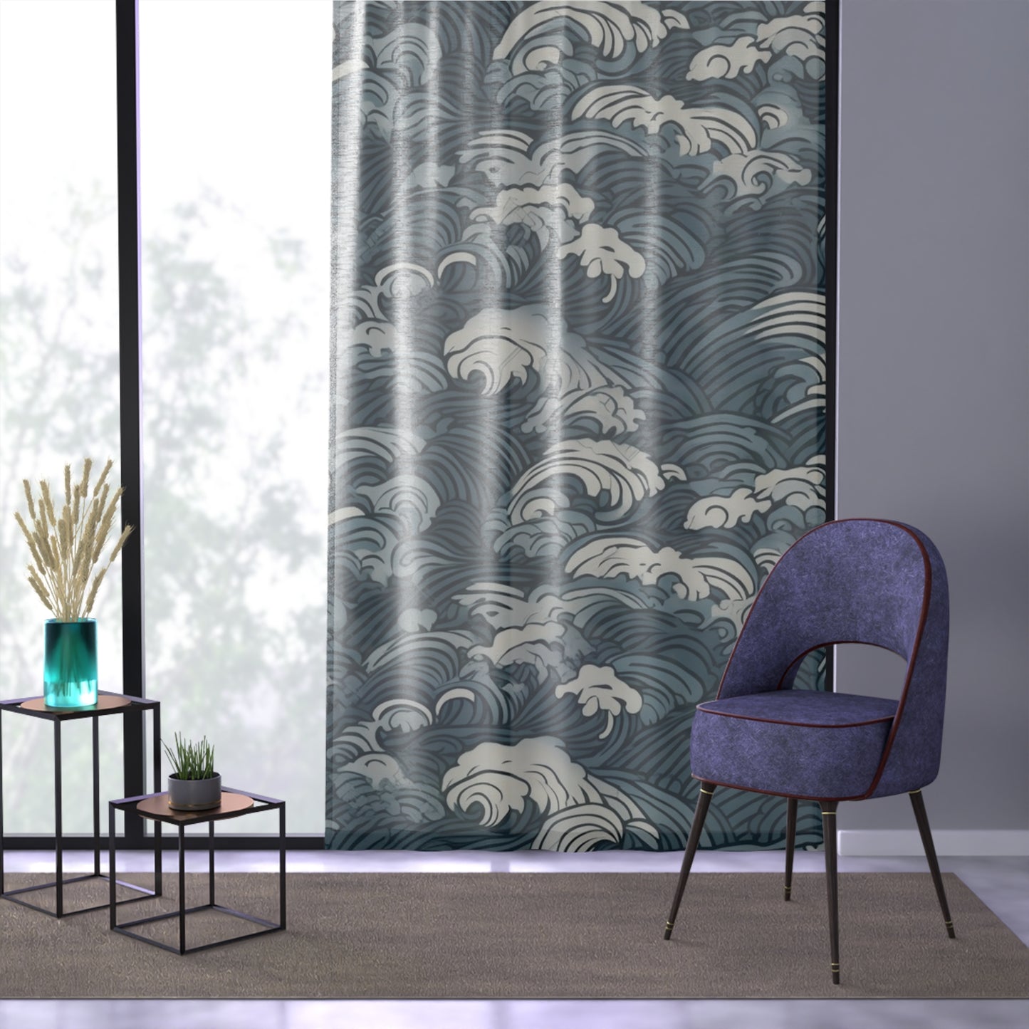 Sheer Window Curtain 50" x 84" Japanese Wave