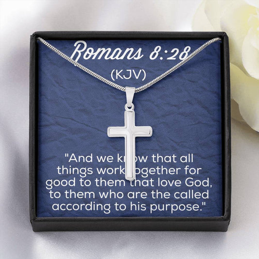 Romans 8:28 Artisan-Crafted Stainless Steel Cross Necklace