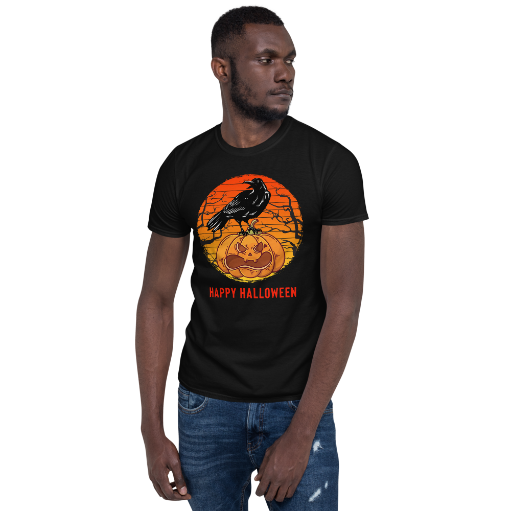 Happy Halloween Pumpkin T-Shirt - Black Crow on Pumpkin