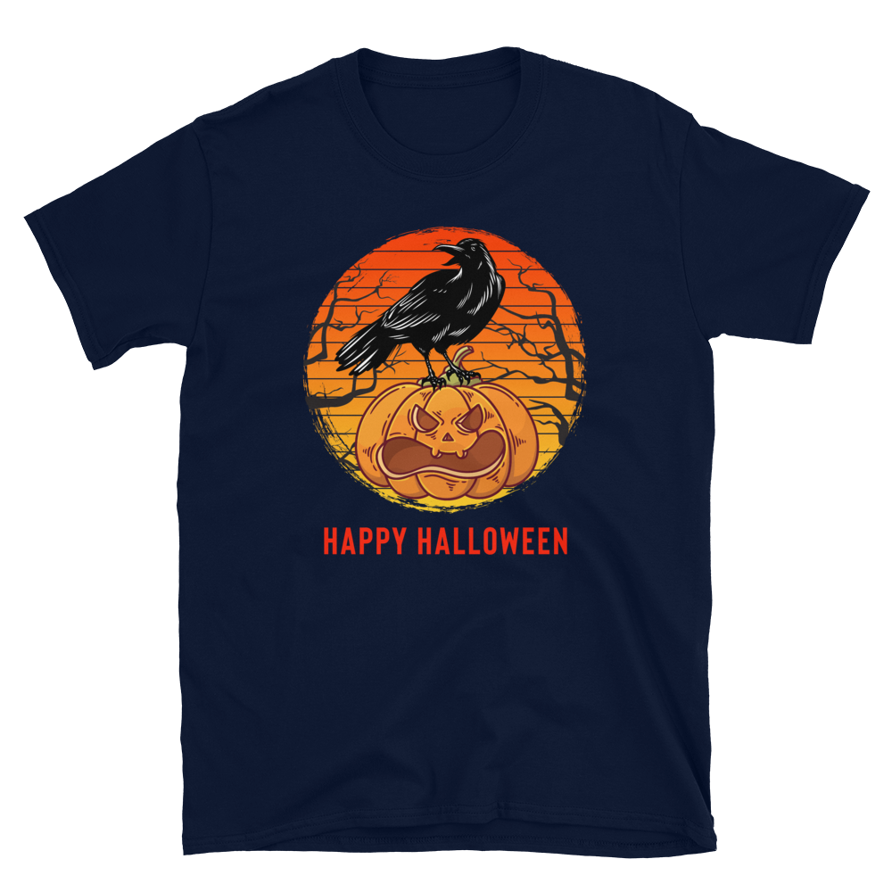 Happy Halloween Pumpkin T-Shirt - Black Crow on Pumpkin